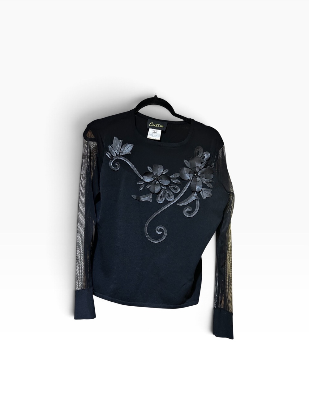 Vintage Cartise Black Long- Sleeved Blouse with Sheer Mesh Sleeves XL
